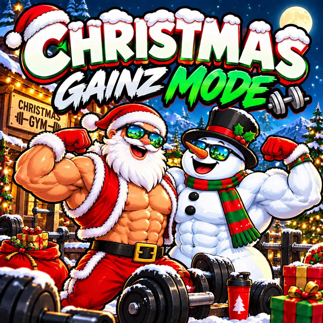 Santa and snowman in Christmas gym mode